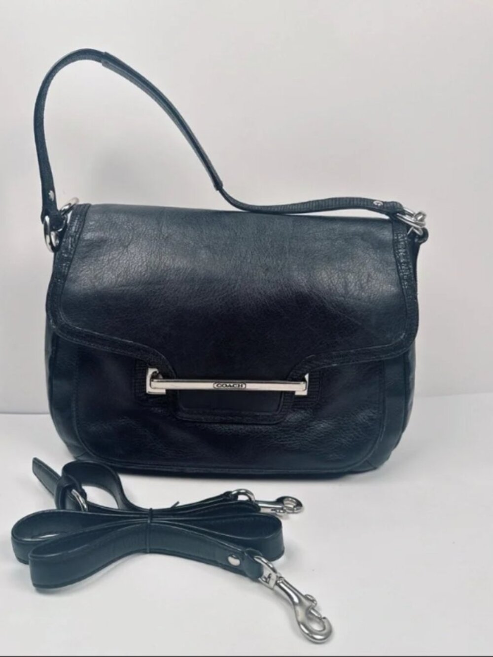 Coach Taylor Black Smooth Leather Flap Closure Crossbody Shoulder Bag